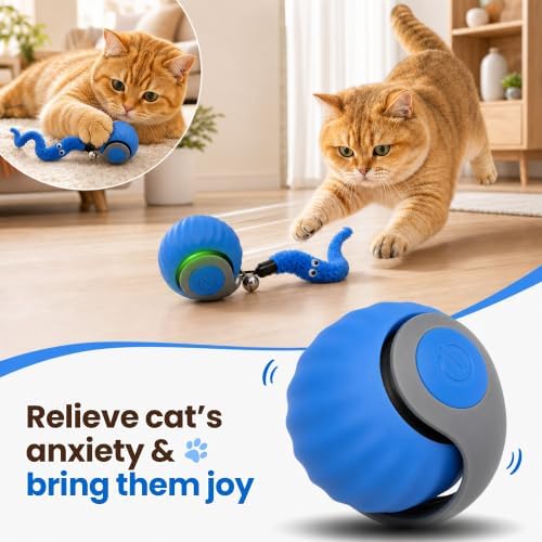 Automatic Rolling Cat Toy, 2-Speed Interactive Ball with Sound & 3 Replaceable Tails for Indoor Cats(Blue)
