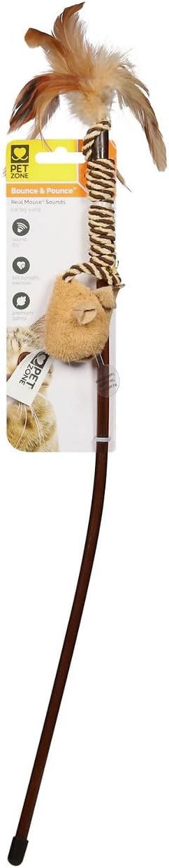 Pet Zone Bounce and Pounce Wand Cat Toy with Real Mouse Sound, Pack of 1