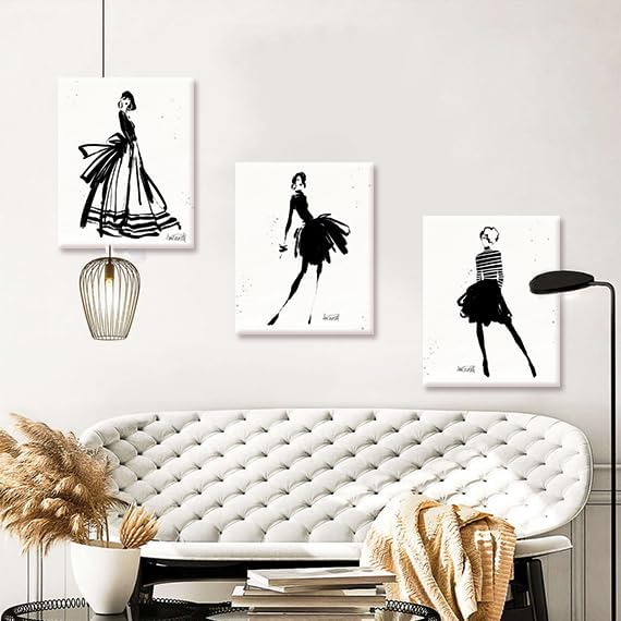 Chadow Artwork 3 Pieces Girl in Black Dress Wall Art Bathroom Art Fashion Women Canvas Pictures for Bedroom Beauty Salon Bathroom Makeup Room Decor 12"x16" (30cmx40cm)