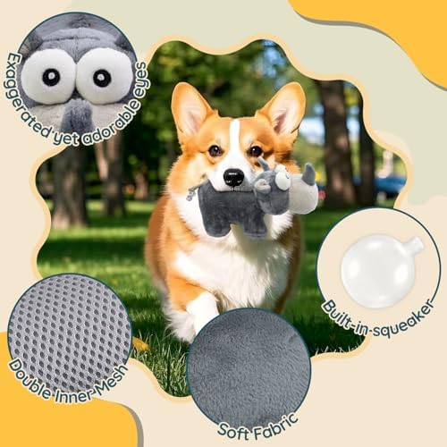 Squeaky Dog Toy Cute Chew Toys with Crinkle Paper Durable Hours of Fun for Small Puppy Middle and Large Dogs Stuffed Toys Rhinoceros