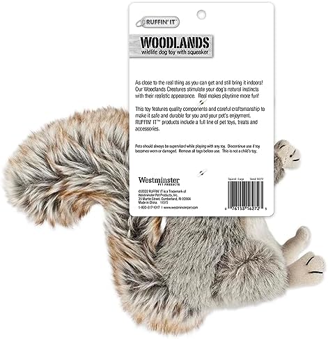 RUFFIN' IT Woodlands, Plush Squirrel, 8 in Squeaky Soft Stuffed, Dog Toy