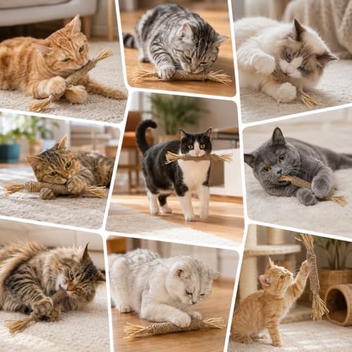 Sisal Wrapped Cat Chew Toy, Natural Raffia Stick for Indoor Cats, Interactive Kitten Teether for Teeth Cleaning, Biting, Exercise, Boredom Relief, Durable Pet Gift, Lightweight Handy Play Accessory