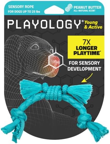 Playology Dog Toys | Sensory Rope for Puppies and Young Dogs | Peanut Butter Scented Small Tug of War Dog Toy | Teething Puppy Essentials Rope Toys