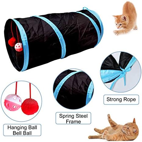 Cat Play Tunnel - Collapsible & Portable Cat Tube with Crinkly Material, Pompom/Sound Ball, Combinable Design for Indoor Cats Rabbits Hunting Fun (Black)