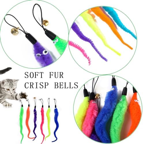 KuuGuu 24 PCS Cat Worm Toy Replacement Teaser with Bell Refills Indoor Cat's Interactive Wand and Catch Wand Soft Squiggly Worm Teaser Refills Attachment Interactive Catch Toy Accessories （6 Color）