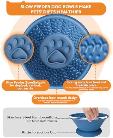 Dog Lick Bowl, Non-Slip Slow Feeder Licking Mat & Treat Dispenser (Wide Bowl Mouth w/Inlaid Stainless Steel Ring) - Interactive Toys, Anxiety Reducer, Freeze Bone for Dogs, BPA Free Silicone