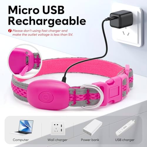 Flashseen LED Dog Collar, Light Up Dog Collar USB Rechargeable, Pink, XS