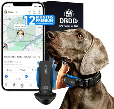 DBDD Dog GPS Tracker with 12 Month Subscription, Real-Time Location, Electronic Fence, Health Monitoring, Waterproof, for Medium Large Dogs, iOS Android