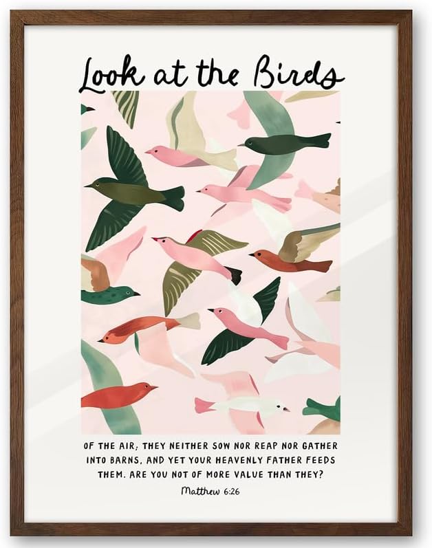 EcoHest 12x16 in Matthew 6:26 Look at the Birds Framed Christian Wall Art | Walnut Color Solid Oak Frame with Canvas Wall Art, Scripture Bible Verse Decor for Bedroom, Living Room, Office, Church,1Pack