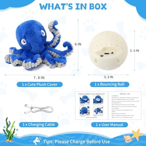 Interactive Dog Octopus Toy, Upgrade Automatic 1.5H Jumping Ball with Motion Activation for Small Large Dogs, 2 in 1 Rechargeable Move & Tug Plush Toy Pets Keep Busy, No Music (Blue Crinkle)