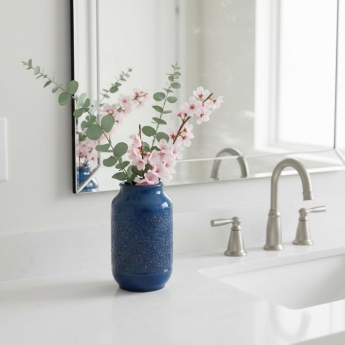Blue Ceramic Vase for Home Decor, 9 Inch Modern Farmhouse Vase, Decorative Vases for Pampas Grass, Fireplace, Living Room, Bathroom, Tabletop, Kitchen, Office, Farmhouse Decor