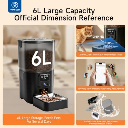 PAPIFEED Automatic Cat Feeder with Camera, 1080P HD & Night Vision, 5G WiFi Timed Cat Feeder with App, 6L Cat Food Dispenser for Dry Food, 2-Way Audio Smart Pet Feeder for Dog, 1-10 Meals/Day