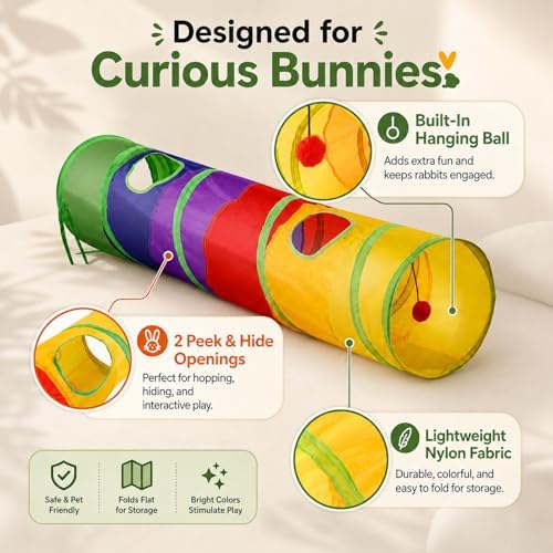 Rabbit Toys, Large Bunny Hideout Tunnel and Tube Rainbow Tunnel for Rabbit Guinea Pig Chinchilla Ferret Rat