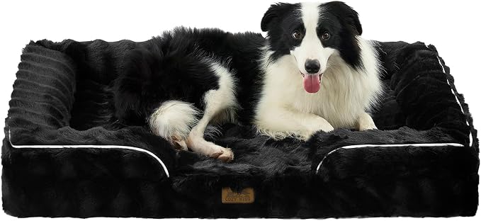 COZY KISS Faux Fur Orthopedic Dog Bed Washable for Extra Large Dogs, XL | Soft Warm Pet Sofa with Sides or Bolster, Non-Slip and Big Dog Couch with Removable Waterproof Cover, 44x32 inch, Black