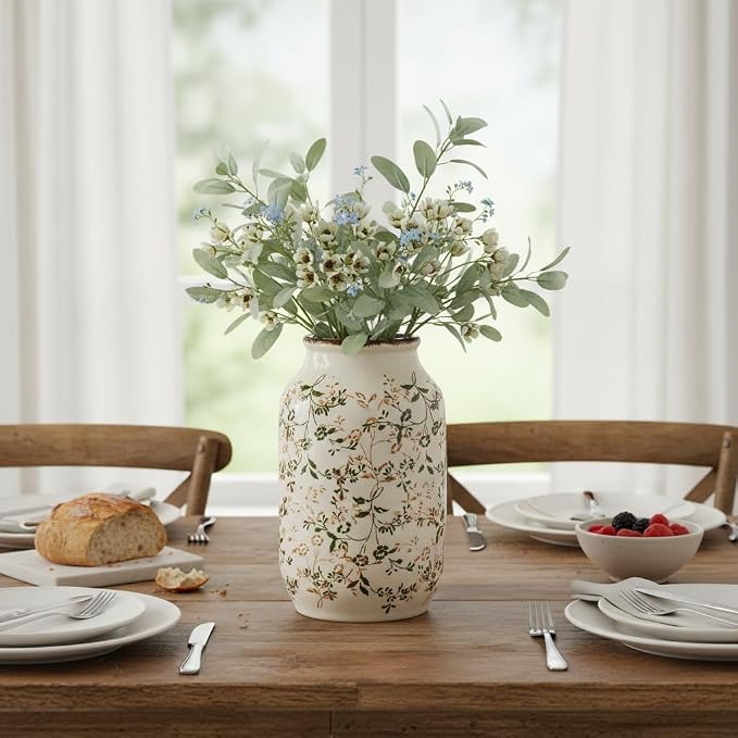 Green Vintage Vase, Chinoiserie Floral Vases for Flowers, Rustic Farmhouse Ceramic Vase for Home Decor, Living Room, Shelf, Office, Vintage Room Decor, 9 inch, White and Green