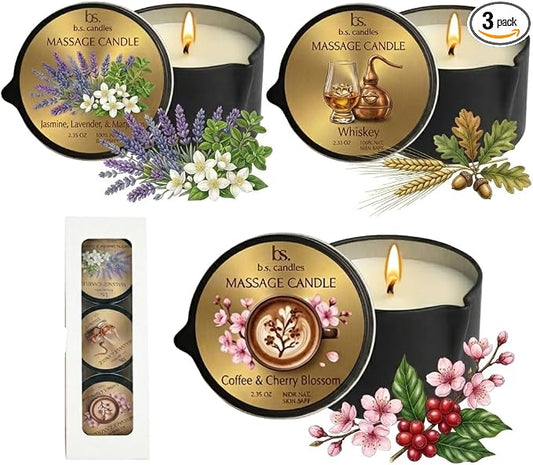 3 Pack Low Temperature Massage Candle Set, Soy Wax Melts into Nourishing Skin Oil with Jojoba & Shea Butter, for Home Spa & Relaxation, 2.35 oz - 3 Scents (Whiskey Sets)