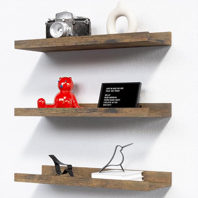 RICHER HOUSE 3-Set Floating Shelves with Lip, Brown Small Wall Shelf, 16In | Display Picture Ledge Shelf, Anti-drop lip Shelf for Room Wall Decor, Bedroom Bathroom Storage Nursery Books, Easy Setup,Wood