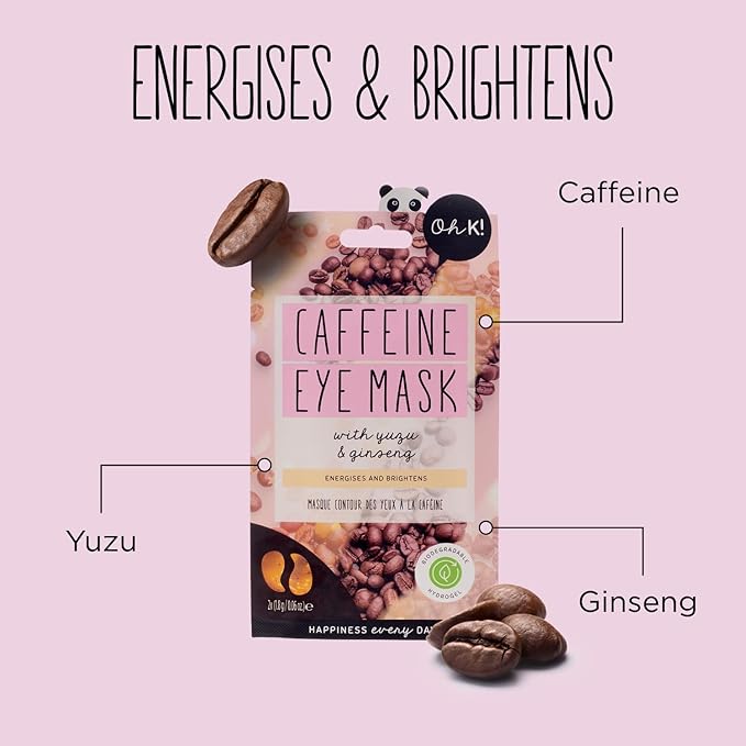 Oh K! Eye Mask - Caffeine - Hydrating Under Eye Patches for Dark Circles - Hydrogel Mask with Yuzu, Ginseng - Undereye Patches for Puffiness - 1 Pair (Pack of 2)