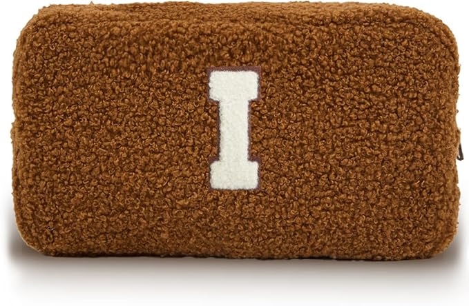 Cute Makeup Bag, Initial Cosmetic Bag, Fuzzy Makeup Bags for Women, Brown Makeup Pouch with Chenille Letter, Monogrammed Gifts for Women, Brown I