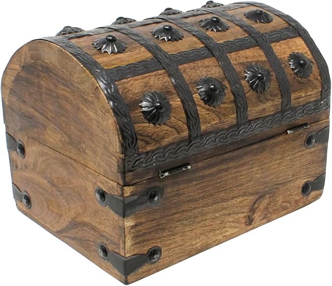 Treasure Chest Keepsake and Decorative Wood Box (Large 8x6x6) - Storage Box, Wooden Box with Hinged Lid, Rustic Storage, Pirate Storage Box, Vintage Wooden Chest