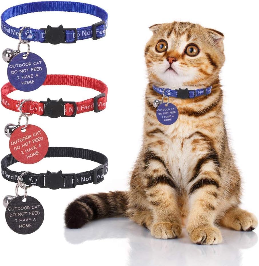 KOOLTAIL Cat Collar with Bell,3 Pack Do Not Feed Cat Collars with Warning Board Hanging Do Not Feed Me,Cute Lightweight Adjustable Breakaway Kitten Collar with Safety Buckle