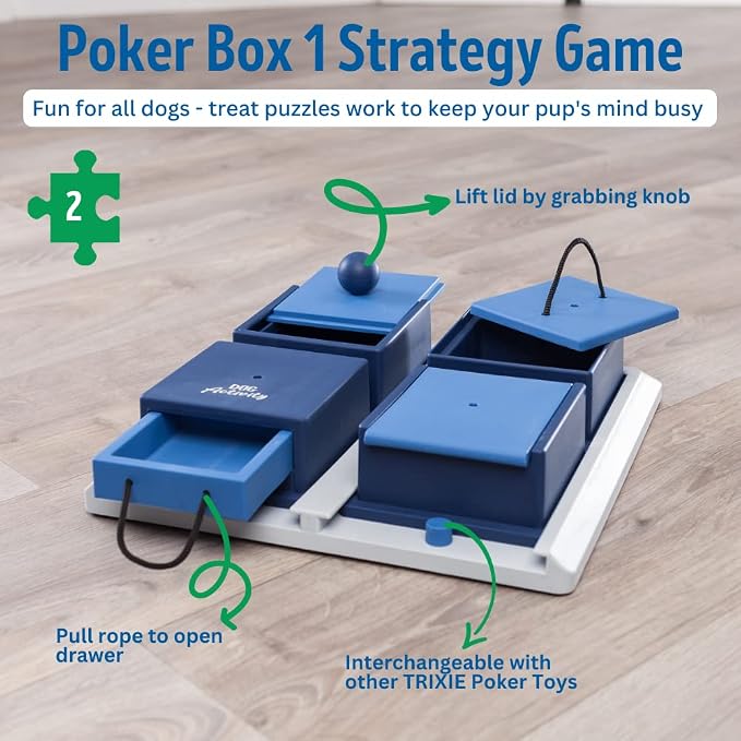 TRIXIE Poker Box 1 Dog Activity Interactive Toy, Level 2 Food Puzzle Game, Brain Teasing Treat Dispenser, IQ and Mental Development Toy for Smart Dogs, Enrichment Toy for Boredom Busting