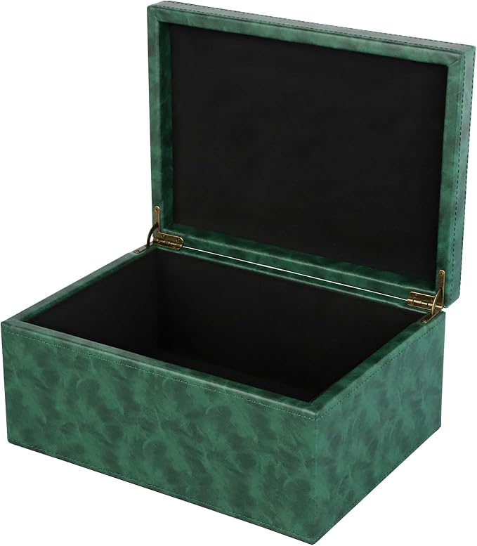 HofferRuffer Faux Leather Decorative Box, Large Wooden Structure Keepsake Box Accessory Organizer Jewelry Organizer with Hinged Lid, Storage Container for Home or Office (Dark Green)
