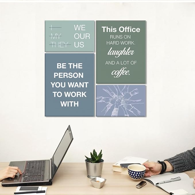 YEOION Motivational Office Wall Art,Inspirational Teamwork Wall Art for Office,Light Blue and Green Positive Teamwork Wall Decor for Workplace Set of 6