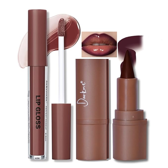 Lip Liner Gloss Set, Dark Purple Plumping Lip Liner Lip Pencil Moisturizing Lightweight Lip Gloss Lip Combo, High Shine Glossy Lip Tint Lip Stain Makeup Long Lasting Lip Contour for Women