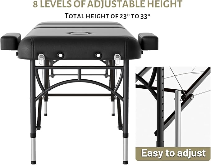 Professional Massage Table Portable 3 Fold Premium Memory Foam Aluminium Leg Hold Up to 1100LBS 8 Heights Adjustable with Carrying Bag Black