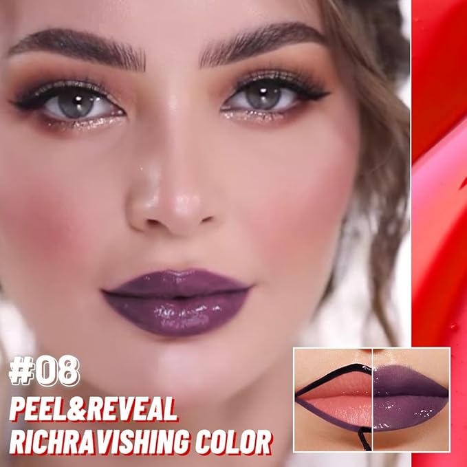 Dark Purple Peel off Lip Stain Lip Oil Dual Ended Combo Set with Tweezer, 2 in 1 Lips Liner Stain Oil Long Lasting Waterproof, High Pigmented Flawless Lips Tint Stick Not Faded Vegan & Cruelty-free
