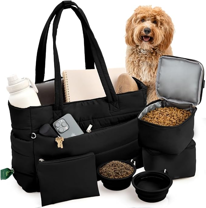 Rubyloo Puffer Dog Travel Bag for Dog Moms, Diaper Bag with Travel Bowls