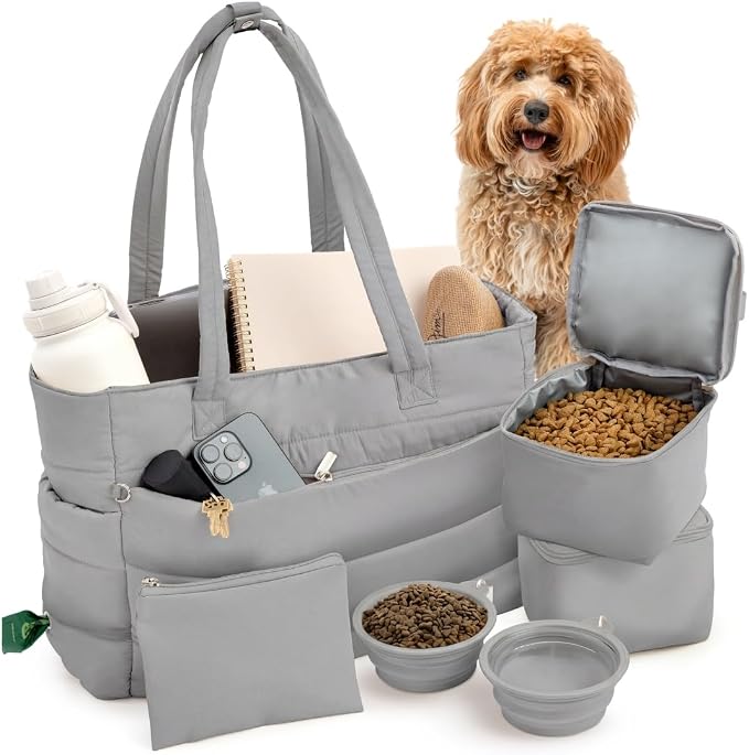 Rubyloo Puffer Dog Travel Bag for Dog Moms, Diaper Bag with Travel Bowls