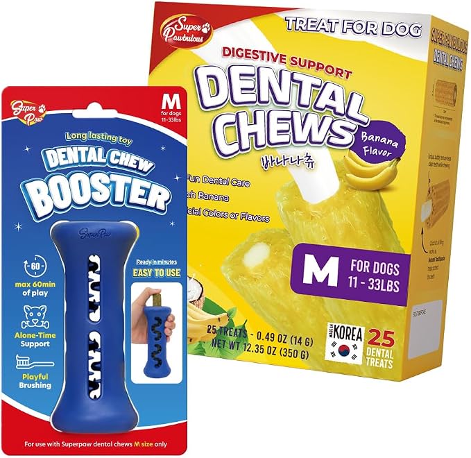 SuperPaw Dog Dental Chews (Banana, M) & Chew Holder (M) Bundle Kit