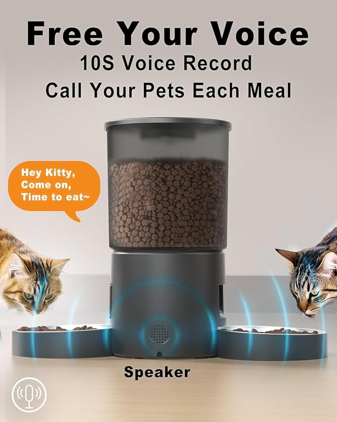 Dual Automatic Cat Feeder 2 Cats, 4.2L Dry Food Auto Dispenser with Double Stainless Steel Bowls,Dual Power Supply,Programmable Portion Control,10s Voice Recorder (Transparent Black)