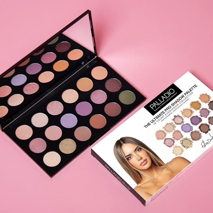 Palladio Ultimate Pro Eyeshadow Makeup Palette with Mirror, 18 High-Pigmented Powder Colors, Matte, Shimmer, Metallic, Satin Finishes, SHANNON DE LIMA