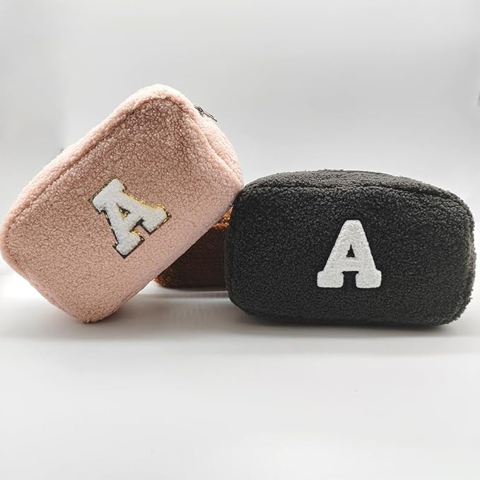 Cute Makeup Bag, Initial Cosmetic Bag, Fuzzy Makeup Bags for Women, Preppy Pink Makeup Pouch with Chenille Letter, Personalized Gifts for Women, Pink N