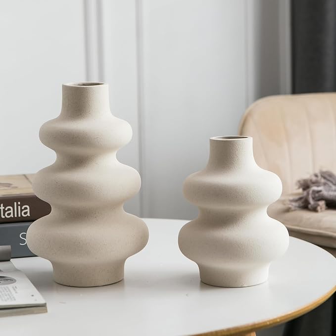 Ceramic Vase Set of 2 - Off White Boho Round Vases, Modern Pampas Vases, Dried Flower Vase Home Decor for Centerpieces Wedding Dinner Table Party Living Room Office Bedroom
