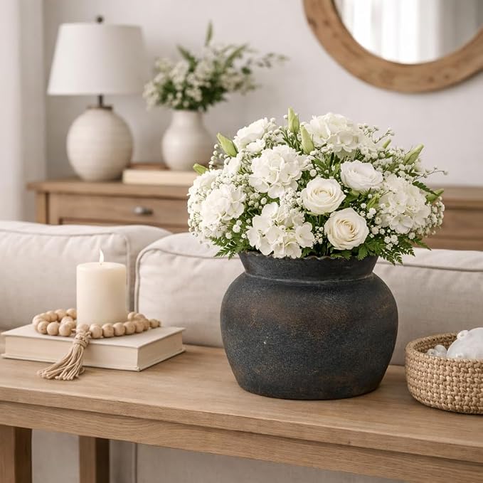 SIDUCAL Ceramic Flower Vase with Wide Mouth Lace, 5.1 Inch Pottery Rustic Farmhouse Boho Vases, Small Terracotta Vase for Home Decor, Table, Living Room, Bathroom, Shelf, Wedding, Bronze