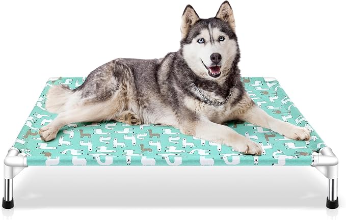 Elevated Dog Bed Pet cot for Large Dogs | Alpaca Print,Indoor and Outdoor ，Breathable Fabric，Stainless Steel Frame, Anti-Slip Feet