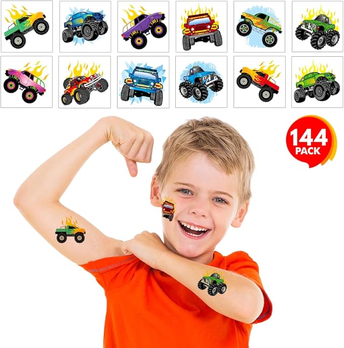 ArtCreativity Monster Truck Individual Temporary Tattoos for Kids - Pack of 144 - Non-Toxic 2 Inch Pre-Cut Tattoos - Moster Truck Birthday Party Favors and Goody Bag Fillers for Boys and Girls