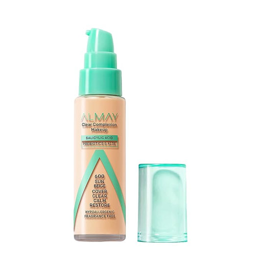 Almay Clear Complexion Acne Foundation Makeup with Salicylic Acid, Medium Coverage, Soft Matte Finish, Hypoallergenic, Cruelty- & Fragrance-Free, Dermatologist Tested, 600 Sun Beige, 1 fl oz