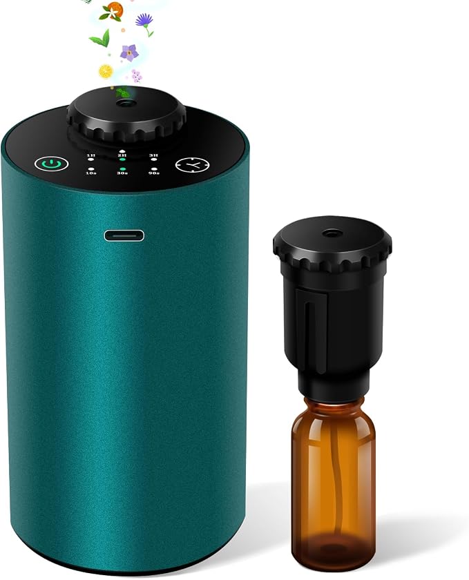Waterless Essential Oil Diffuser Aromatherapy Scent Diffusers for Home Large Room, Bedroom, Car, Office, Desk, Battery Operated Mini Portable Air Freshener, 3 Countdown Timers & 3 Mist Levels, Green