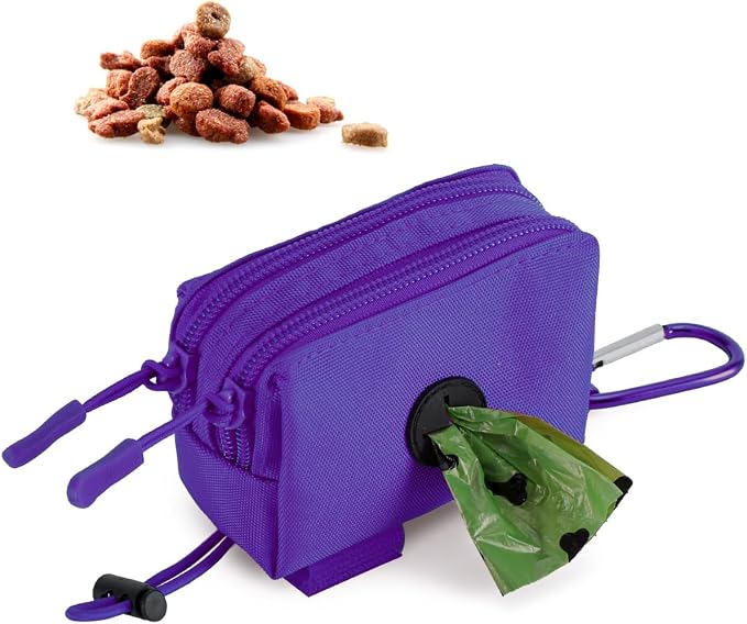Dog Poop Bag Holder for Leashes, Purple Doggie Waste Bag Dispenser and Treat Holder, with Carabiner Hook and Poop Bag Clip, Used Waterproof Wear-Resistant Fabric and 2 Zippered Pouches for Walking