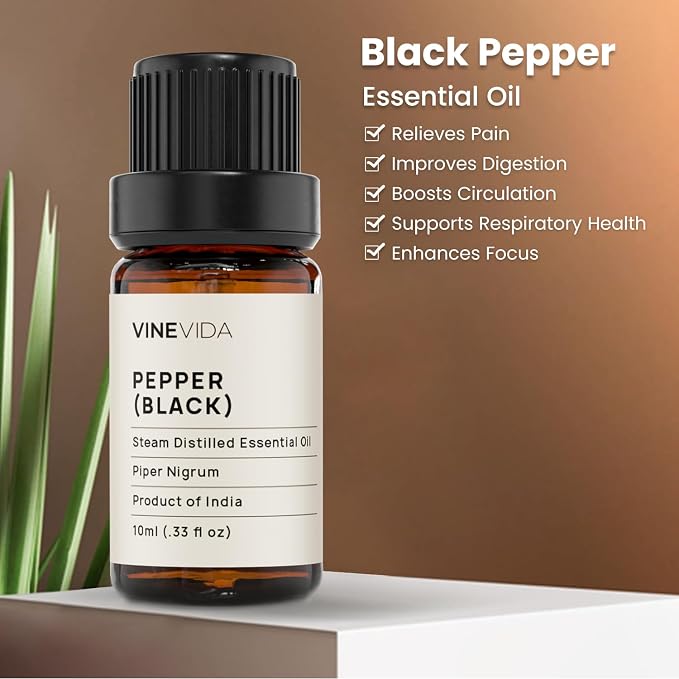 VINEVIDA Black Pepper Essential Oil 10 mL - Undiluted, Pure, Vegan, Reusable Glass Bottle with Euro Dropper