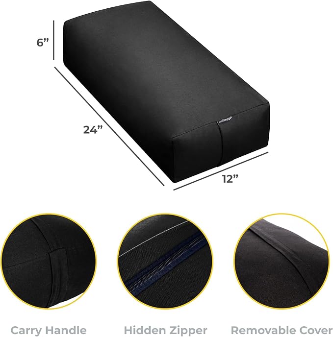 Extra Firm Large Yoga Bolster, 24" x 12" x 6" Cinched OR Zippered Yoga Pillow, Rectangular Cotton Cushion With Removable Cover for Studios, 1 Pack or 2 Pack