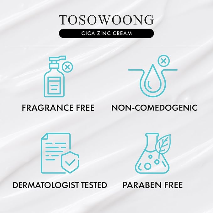 TOSOWOONG SOS Repair CICA Clinic Zinc Cream, 100,000ppm Zinc Oxide, Heal, Soothe Acne, Redness, Rosacea Treatment, Skin Barrier Repair, Moisture, Non-Comedogenic, Korean Skincare, 50g, 1.76 oz.
