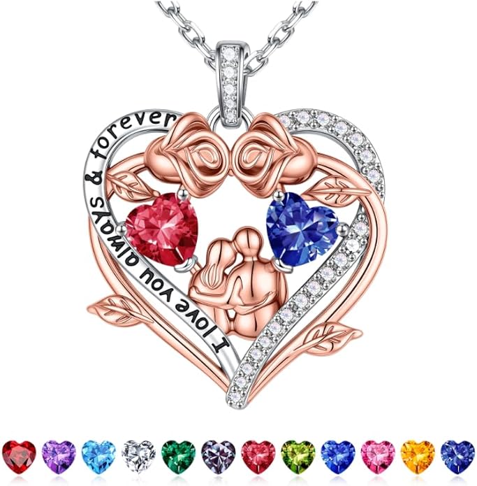 Iefil Valentines Gifts for Her Wife - 925 Sterling Silver Double Heart Birthstone Necklace, Anniversary Birthday Gifts for Women Wife Girlfriend
