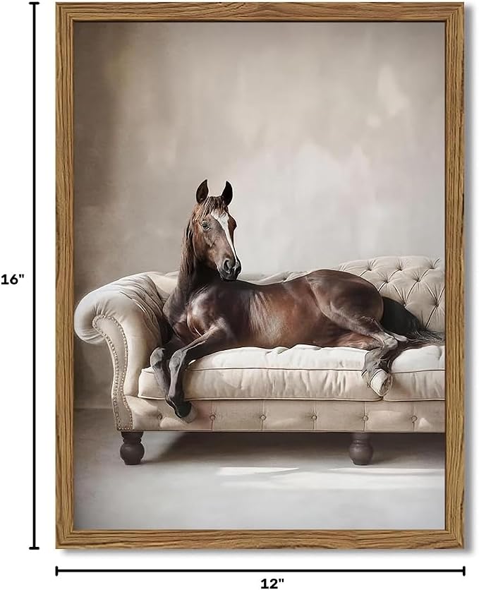 Framed Funny Horse Canvas Wall Art, Vintage Western Brown Horse On Sofa Pictures Wall Decor, Rustic Farmhouse Animal Paintings Prints for Living Room Bedroom Office Dorm 12x16 inch