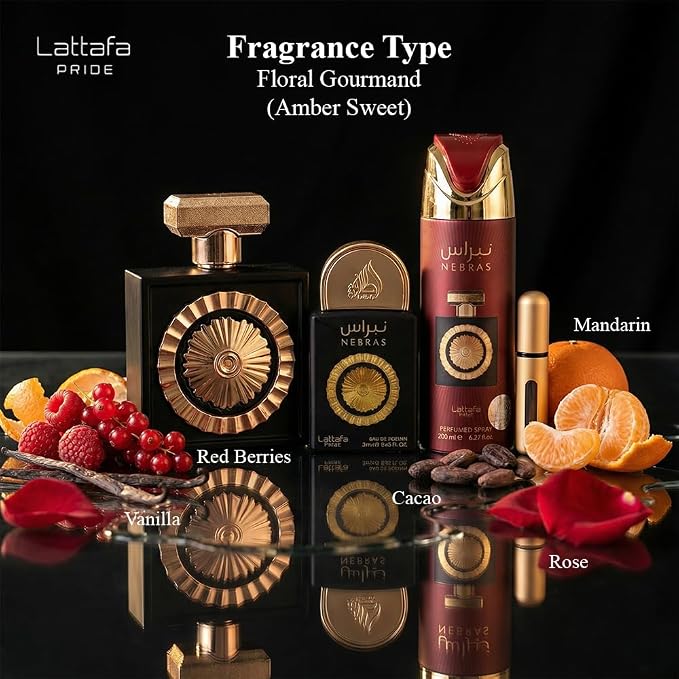 Lattafa Pride Nebras – Fruity, Sweet, Vanilla, Amber – 3-Piece Gift Set for Unisex (3.4 Ounce Eau de Parfum Spray + 0.65 Ounce Eau de Parfum Spray + 6.67 Ounce Deodorant Spray)